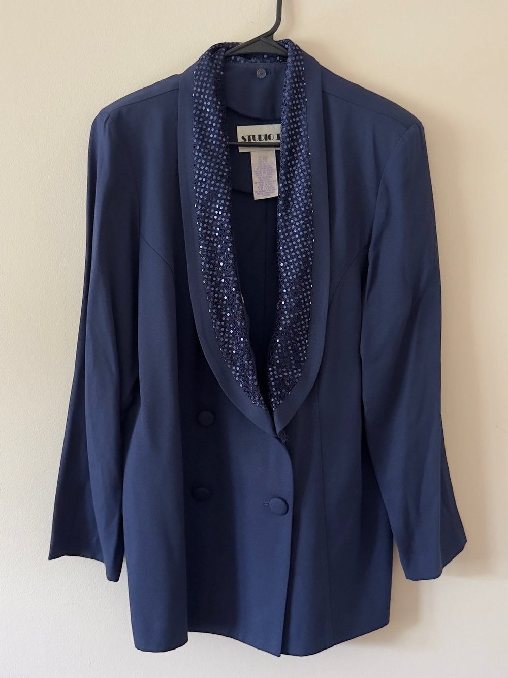 Navy Sequin Shawl-Collar Blazer and Pants Set